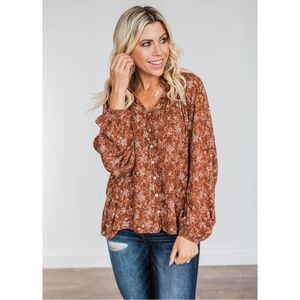 Allie Rose Falling For You Autumn Floral Button-Front Peasant Blouse Size Medium